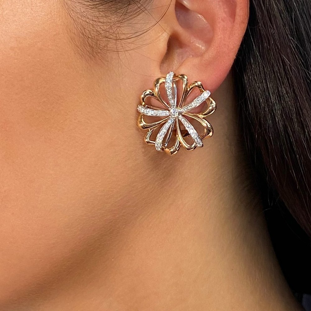 Luca Carati Two Tone Diamond Flower Earrings 18K Rose & White Gold 0.78Cttw